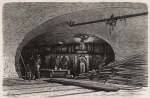 Pariisin viemärit: putken mutka lähellä Saint Michelin siltaa (Saint-Michel), Place du Chatelet - Kaiverrus "" Le Monde Illustré"" tekijältä Unknown artist
