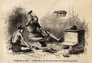 Tehdään sepät heidän takomonsa edessä Yedossa (tai Edossa, keisarillisessa pääkaupungissa, nykyisessä Tokiossa). Kaiverrus havainnollistamaan matkaa Japaniin vuosina 1863-1864, Sveitsin valaliiton ministeri Aime Humbert julkaisussa "" Le tour du monde, nou tekijältä Unknown artist