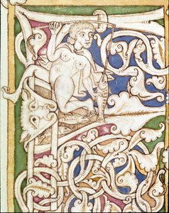 Lettrine P decoree kalastavasta naisesta. Miniatyyri Raamatusta (Vanha testamentti) (Ms 3088) 1100-luvun Coimbra, yliopiston kirjasto tekijältä Unknown artist