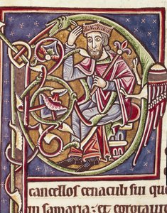 Lettrine P decoree Moabin maan kuninkaan esityksestä Pienoismalli Raamatusta (Ms 3088) 1100-luvun Coimbra, yliopiston biblioteekki tekijältä Unknown artist
