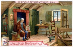 Liebig-kromolitografia hollantilaisen taidemaalarin Rembrandtin (1606/1669) elämästä. Täällä hänen elämänsä viimeiset vuodet 1656-1669. tekijältä Unknown artist