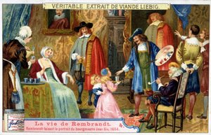 Liebig-kromolitografia hollantilaisen taidemaalarin Rembrandtin (1606 - 1669) elämästä, tässä pormestari Jean Sixiä vuonna 1654. tekijältä Unknown artist