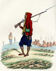 Emir Abd-el-Kaderin kevyt jalkaväki, Ranskan Afrikan armeijan vastarintaa Algerin retkikunnan aikana vuonna 1830. In”” Storia d