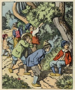 Pikku Poucet ja hänen veljensä eksyivät vanhempiensa hylkäämään metsään. Kuvitus Charles Perraultin tarinasta "" Le Pepetit Poucet". tekijältä Unknown artist