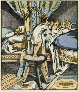 Pikku Poucet laittaa ogren seitsemän tyttären kruunut veljiensä päähän. Kuva Charles Perraultin tarinasta "" Le Petite Poucet". tekijältä Unknown artist