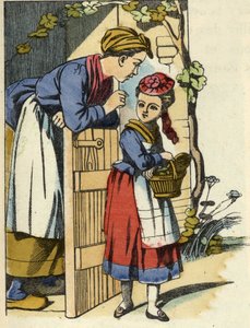 Punahilkan äiti antaa viimeiset suosituksensa mennä isoäidin luokse. Kuvitus Charles Perraultin tarinasta "Punahilkka". tekijältä Unknown artist