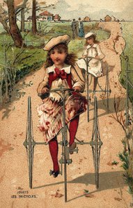 Pikkutytöt ajamassa kolmipyöräisiä. Kromolitografia noin 1890. tekijältä Unknown artist