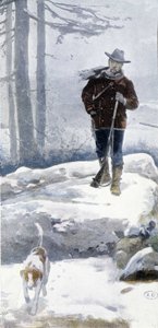 Yksinäinen metsästäjä koiran kanssa lumisessa maisemassa, 1800-luvun loppu tekijältä Unknown artist