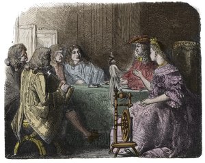 Ludvig XIV käy kauppaa ministeriensä kanssa Madame de Maintenonin asunnoissa (kaiverrus) tekijältä Unknown artist
