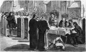Louis de la Tremoille ja hänen vankinsa Saint-Aubin-du-Cornierin taistelun jälkeen (1488). Kaiverrus 1800-luvulta. tekijältä Unknown artist