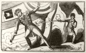 "Lowther ampuu englantilaista kapteenia, kun tämä ampui laivaansa", noin 1836. tekijältä Unknown artist