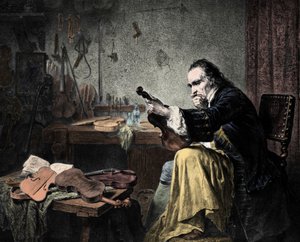 Luthier Stradivarius (Antonio Stradivari) (1644-1737) työpajassaan. Kaiverrus Hammann. Viulusuunnittelija Antonio Stradivari (Stradivarius) työssä. tekijältä Unknown artist
