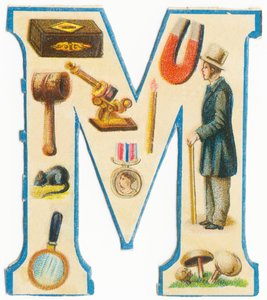 M: tulitikku, magneetti, nuija, mikroskooppi, hiiri, mitali, mies, suurennuslasi, sienet (väri litho) tekijältä Unknown artist