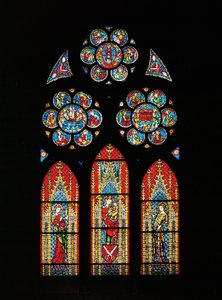 Madonna ja lapsi, pyhä Barbara ja pyhä Katariina, räätälin killan lahjoittamassa ikkunassa (lasimaalauksia). tekijältä Unknown Artist