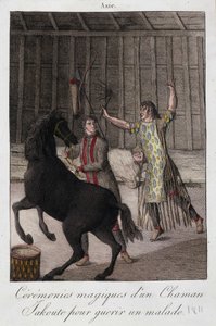 Shamaani Yakoute (Yakoute) maaginen seremonia sairaan parantamiseksi (Siperia) - kaiverrus, deb. 1800-luvulla tekijältä Unknown artist