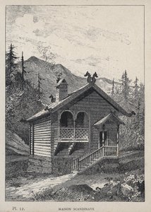 Maison Scandinavian (Scandinavian House) - kaiverrus vuodelta 1889 Charles GARNIERin teokseen "Ihmisasumisen historia vuoden 1889 yleisnäyttelyssä - Librairie centrale des beaux-arts Paris 1889" tekijältä Unknown artist