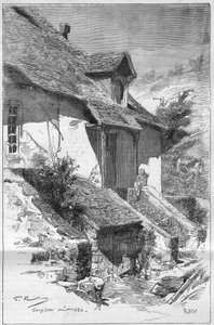 House of George Sand (Aurore Dupin, Baronne Dudevant) (1804-1876), ranskalainen kirjailija, Gargilessessa (Indre) Creusen rannalla Ranskassa. Kaiverrus ""Maailmankuvaan"" tekijältä Unknown artist