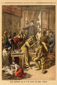 Meikit näyttelijöistä elävästä maalauksesta ""miehet kullassa""" piparkakkumessuille. Kaiverrus "" Le petit Journal" -lehdessä 16/04/1894. Selvan kokoelma. tekijältä Unknown artist