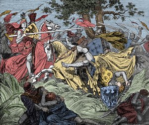Manfred kuoli taistelussa - Beneventin taistelu (26. helmikuuta 1266): Manfred I:n (Hohenstaufenin) kuolema tekijältä Unknown artist