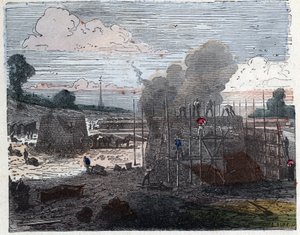 Tiilen valmistus 1800-luvulla: ruoanlaitto. Tiilet asetetaan kerroksittain ja peitetään sitten maalla ennen tuleen syttämistä. Kaiverrus 1800-luvun lopulla. tekijältä Unknown artist