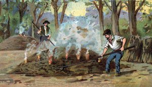 Puuhiilen, polttouunien valmistus. 1800-luvun lopun kromolitografia tekijältä Unknown artist