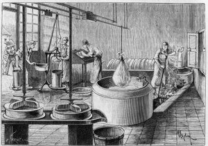 Gruyeren valmistus: moderni juustotehdas. Kaiverrus "" Luontoon: katsaus tieteisiin ja niiden sovelluksiin taiteeseen ja teollisuuteen" 19. syyskuuta 1891. tekijältä Unknown artist
