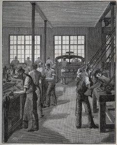 Kynätelineen (kynäpidikkeen) ja kynätelineen (kynäteline) valmistus. Kaiverrus vuodelta 1885 kirjassa "Les arts et metiers illustres", kirjoittanut Adolphe BITARD. tekijältä Unknown artist