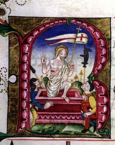 Liturgisen laulun käsikirjoitus. Pienoismalli, joka esittää ylösnousemusta. 15-luvulla. Lodin kruunatun neitsyen kirkko. tekijältä Unknown artist