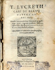 Latinalaisen filosofin Lucrecen (Titus Lucretius Carus) (98-55 eKr.) "" De natura rerum " (Luonnosta) osan 6 käsikirjoitussivu 1564 tekijältä Unknown artist