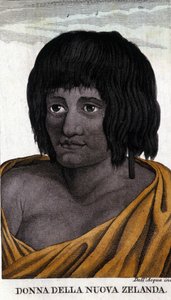 Maorinainen Uudesta-Seelannista. Kaiverrus 1800-luvun alusta. tekijältä Unknown artist