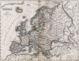 Euroopan kartta. 1800-luvun toinen puoli. Italian atlas. Stabilimento Civelli. Milano. tekijältä Unknown artist