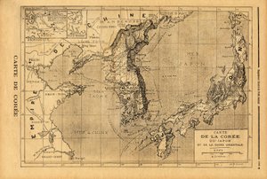 Korean, Japanin ja Itä-Kiinan kartta. Kaiverrus "" Le petit Journal" -lehdessä 3.9.1894. Selvan kokoelma. tekijältä Unknown artist