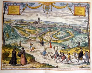 Sevillan kaupungin kartta vuodelta 1590. Kuvan oikeassa alakulmassa kylän asukkaat pilkkaavat aasin selässä olevaa kynsilevää. tekijältä Unknown artist