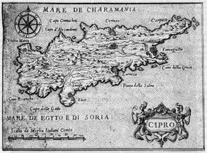Kartta Kyproksen saaresta (Kypros) vuonna 1587 "" Jerusalemin omistautunein matka "". tekijältä Unknown artist