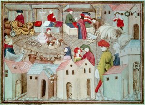 Marche de Champeaux Pariisissa Betail ja siipikarjakauppiaat, verhot. Miniatyyri otettu Thomas de Salucesin (Tommaso III di Saluzzo) "Vaeltavasta ritarista" noin 1403-1404. Paris, B.N. tekijältä Unknown artist