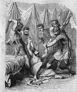 Marcus Hordeonius Flaccus Rooman senaattorin verilöyly omien sotilaidensa toimesta 1. vuosisadalla. Kaiverrus 1800-luvulta. tekijältä Unknown artist