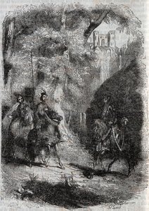 Marphise (Marfisa) ja vanha nainen tapaavat Pinabelin (Pinabello) - kaiverrus vuodelta 1851 Ludovico Ariostosta "" Furious Roland"" (1500-luku), joka tunnetaan nimellä Ariosta - Tressanin kreivi kääntänyt italiasta ja julkaisija tekijältä Unknown artist