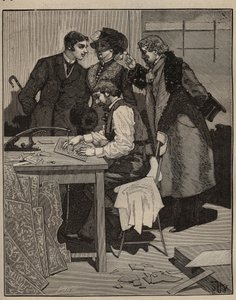 Marquetry: intarsialla on työtä. Kaiverrus vuodelta 1885 kirjassa "Les arts et metiers illustres", kirjoittanut Adolphe BITARD. tekijältä Unknown artist