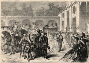 Espanjalaisen Marie-Isabellen (Marie Isabelle) (Isabel de Borbon y Borbon) (1851-1931) ja Gaetan de Bourbon-Siciliesin (Bourbon Sicilies) (1846-1871), Agrigenton kreivin (Girgenti) avioliitto: saapuminen kortege Atochan kuninkaallisessa basilikassa tekijältä Unknown artist