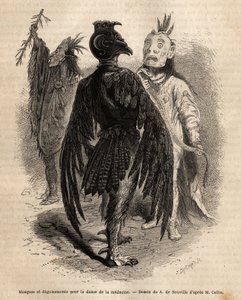 Naamiot ja naamiot lääketanssiin naya-intiaanien keskuudessa. G. Catlinin vuonna 1855 tekemä kaiverrus, joka havainnollistaa Kolumbian ja Ylä-Missourin altaiden intiaaniheimojen välistä retkiä, julkaistiin "" le tour du monde" -lehdessä, johdolla tekijältä Unknown artist