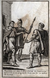 Maximian Hercules (Marcus Aurelius Valerius Maximianus) (noin 250-310), Rooman keisari, joutuu kauhuun nähdessään vävynsä Konstantinuksen (Konstantinus I, Flauius Valerius Aurelius Constantinus, 272-306) luulee puukottavansa sänkyynsä i tekijältä Unknown artist