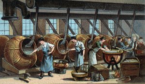Rakeiden mekaaninen valmistus. 1800-luvun lopun kromolitografia tekijältä Unknown artist