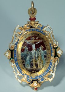 Sähköpostissa oleva medaljonki pyöreässä kultakuoppaan koristaa ristiinnaulitsemista ja Egyptiin lentoa. 1500-luvun Sun debyytti. h. 7 cm. Pariisi. Louvren taidemuseo tekijältä Unknown artist