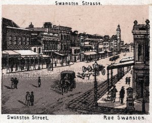 Melbourne, Australia: näkymä Swanston Streetille. kirjassa "" Maailma havainnollistaa 168 näkymää"" Päiväämätön (1800-luvun loppu) tekijältä Unknown artist