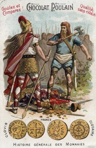 Merovingiens: Clovis ampui alas Soissons-aluksen rikkoneen sotilaan vuonna 486. Teoksessa General History of Coins. Suklaa-varsa kromolitografia 1800-luvun lopulla. Yksityinen kokoelma. tekijältä Unknown artist