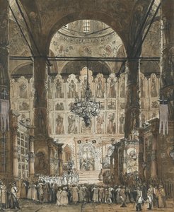 ""Messu Moskovan Kremlin katedraalissa, Venäjä"" (Messu Moskovan Kremlin katedraalissa) Nimetön guassi noin 1850 Yksityinen kokoelma tekijältä Unknown artist