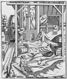 Hydraulimoottorilla toimiva metallinen uunipuhallin. Fac-simile (Fac-simile) kaiverruksesta, joka on julkaistu Sebastien Munsterin "" Cosmographie" -julkaisussa (1555). Kaiverrus "" La Nature: revue des sciences et de leurs applications aux arts et a l