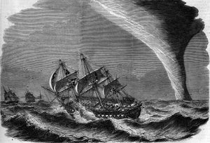 Meteorologinen ilmiö: nokka merellä. Lintonin kaiverrus kirjassa "" The Illustrous World"" nro 49, 20. maaliskuuta 1858. tekijältä Unknown artist