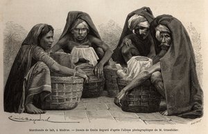 Maitokauppiaita Madrasin kaduilla (nykyinen Chennai, Tamil Nadu). Alfred Grandidierin kaiverrus havainnollistamaan matkaa Intian meridionaalisissa provinsseissa vuosina 1862-1864, julkaistu "" le tour du monde" -lehdessä, D