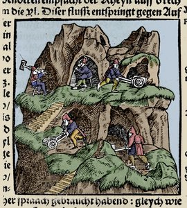 Kaivokset 1400-luvulla. Kaiverrus Johann Stumpffin teoksesta Den Edlen Strength Besten Fromen. 1600-luvun alussa. tekijältä Unknown artist